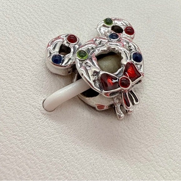 Mickey Mouse Wreath Red and Green Sterling Silver Charm with bow accents. - Picture 1 of 2